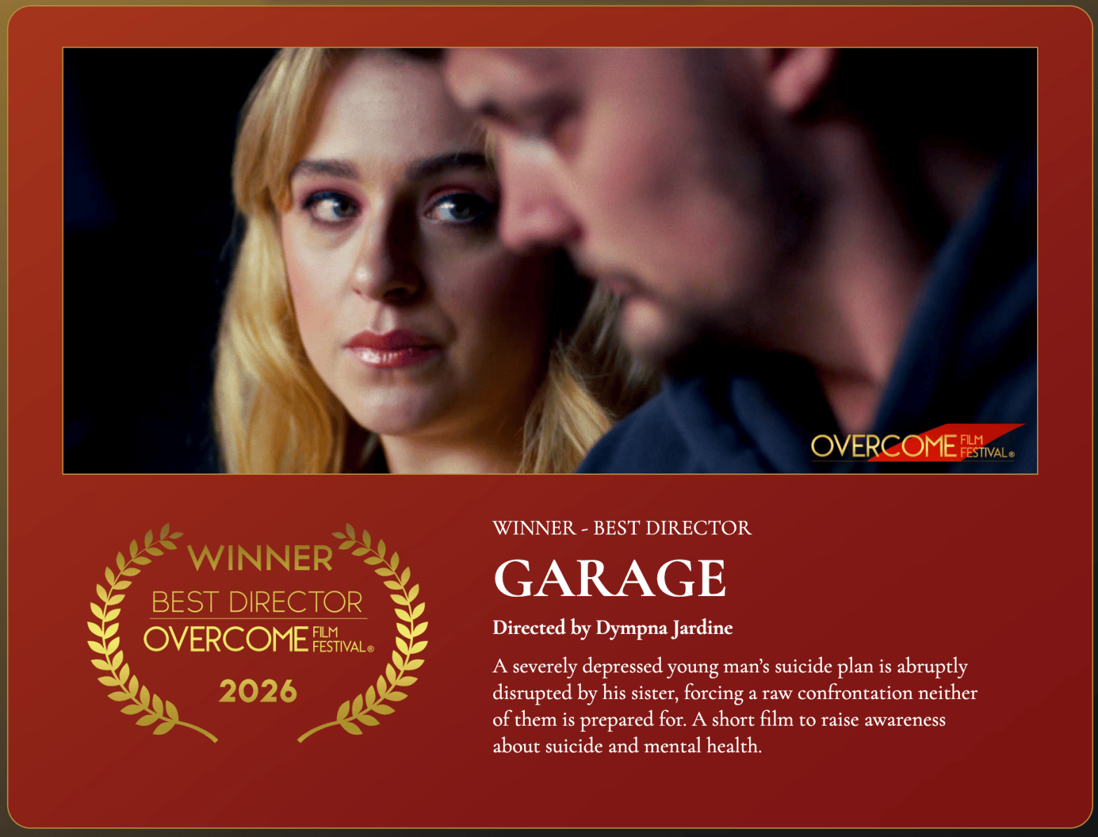 Screenshot from Garage short film, a concerned adult sister looks at her adult brother